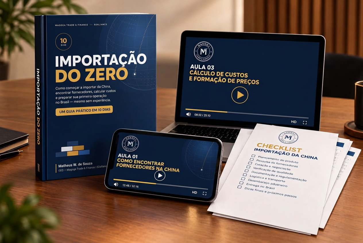 Apresentação do eBook Importação do Zero, aulas em vídeo e checklist